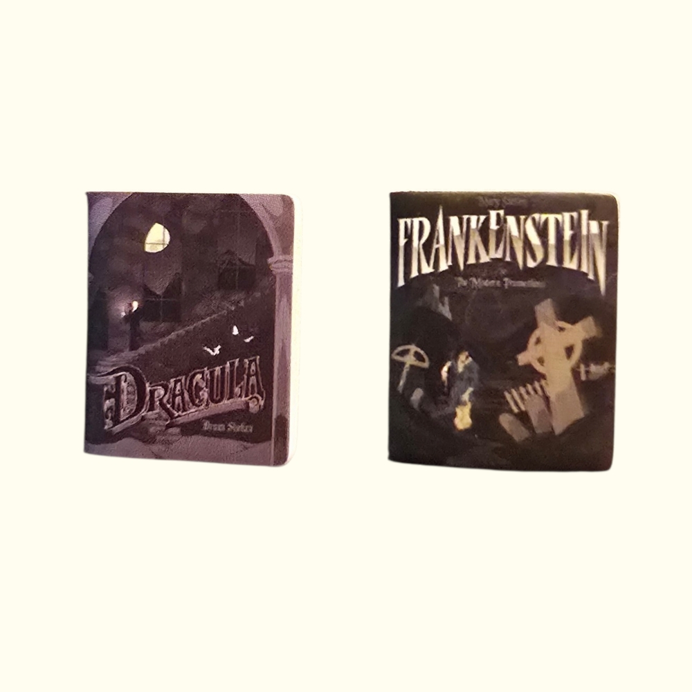 Handmade Mini Book Earrings Dracula Frankenstein .83 x .63" Stainless Steel NWT